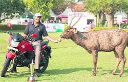 Arjun Atwal feeding a deer at the Delhi Golf Club 