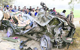 The mangled remains of the jeep which was involved in an accident near Garhshankar on Saturday.