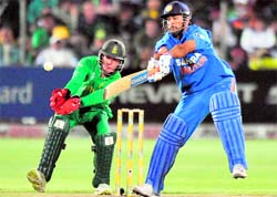Indian skipper MS Dhoni skies a catch to be dismissed in the fourth ODI in Port Elizabeth. Dhoni has been short of runs in this series.