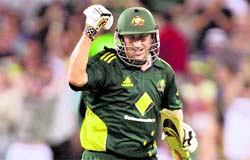 David Hussey reacts after hitting the winning runs at the Sydney Cricket Ground on Sunday.