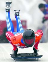 Russia's Sergei Chudinov competes in the men's skeleton competition at the FIBT World Cup and European championship in Winterberg on Sunday.
