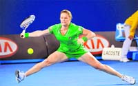 Kim Clijsters in action during her fourth round singles match against Ekaterina Makarova of Russia in the Australian Open in Melbourne
