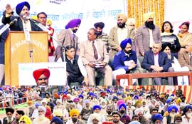 Deputy Chief Minister Sukhbir Badal in Jhaneri village, Sangrur, on Monday.