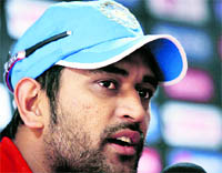 MS Dhoni addresses a press conference before a training session at the M.Chinnaswamy Stadium in Bangalore on Thursday. The India captain said his team is well-equipped to handle the pressure of playing in a World Cup in front of home crowds