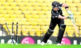 A New Zealand player is bowled out during their warm up match against Ireland in Nagpur on Saturday.