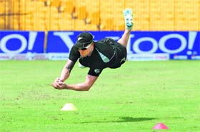 New Zealand�s Brendon McCullum takes a catch during a training session in Chennai
