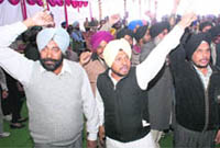 Agitating farmers stage a protest at the Chief Minister�s Sangat Darshan programme in Rajpura on Wednesday.