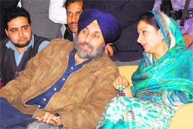 MP Harsimrat Kaur Badal along with Deputy Chief Minister Sukhbir Badal during a public rally at Goniana in Bathinda