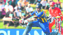 Mahela Jayawardene plays a shot against Canada in Hambantota on Sunday. 