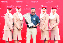 SSP Chowrasia holds the trophy after winning the Avantha Masters 2011 golf tournament at the DLF Golf and Country Club in New Delhi on Sunday. 