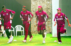 West Indies team warm up in New Delhi on Wednesday