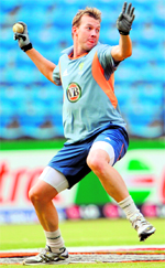 Brett Lee throws the ball during a net session at the VCA Stadium in Nagpur on Thursday