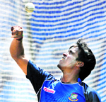 Bangladesh paceman Rubel Hossain juggles the ball during a practice session at The Sher-e Bangla National Stadium in Dhaka on Thursday