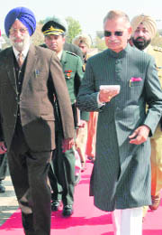 Governor Shivraj Patil and Speaker Nirmal Singh Kahlon on the way to the Punjab Vidhan Sabha on the first day of the session on Friday.