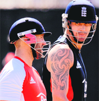 England�s Matt Prior (L) and Kevin Pietersen at a training session in Chennai on Saturday.
