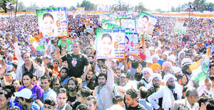 Supporters of the Congress at a party rally in Jalandhar on Sunday. 