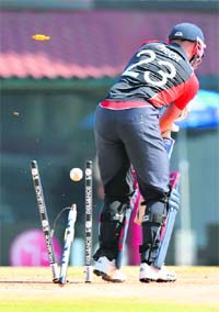 England�s Matt Prior is bowled out by West Indies� Andre Russell in Chennai on Thursday.