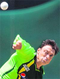 Shoaib Akhtar bowls in the nets on Thursday. � AFP
