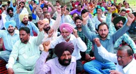 Members of PFUCTO stage protest at Rajindra College in Bathinda on Friday.