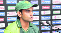 Mohammad Hafeez speaks during a press conference at the PCA Stadium in Mohali on Saturday. 