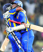 Sri Lankan players celebrate after beating New Zealand. 