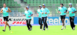 Sri Lankan players during a training session at the Wankhede Stadium in Mumbai on Thursday