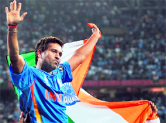 Sachin Tendulkar is lifted by his teammates on their shoulders after India won the World Cup in Mumbai on Saturday