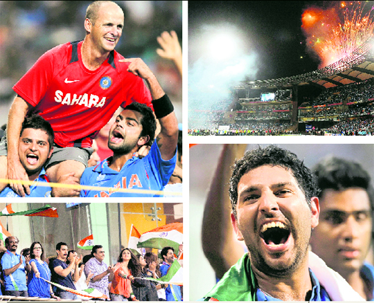 Virat Kohli and Suresh Raina lift coach Gary Kirsten on their shoulders. Fire crackers light up the sky after India�s win over Sri Lanka. Film actor Rajnikanth, Mumbai Indians owner Nita Ambani, actor Amir Khan, industrialist Mukesh Ambani and actress Priety Zinta celebrate India�s win. A jubilant Yuvraj Singh takes a round of the stadium after the victory. Yuvraj was named the Man of the Tournament