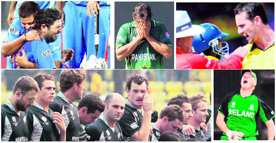 Clockwise (L to R): Yuvraj Singh cries on the ground after India won the final. Shoaib Akhtar reacts after being hit for a boundary. Shaun Tait argues with a Sri Lankan player. Kevin O� Brien celebrates his ton against England and the New Zealand team observe a minute�s silence in the memory of quake victims. 