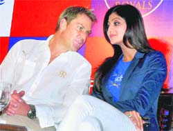 Rajasthan Royals co-owner Shilpa Shetty with Shane Warne in Jaipur on Tuesday