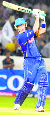 Rajasthan Royals� Johan Botha hits the winning shot against Deccan Chargers at the Rajiv Gandhi International Stadium in Hyderabad on Saturday. Royals won the match by eight wickets.