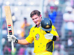 Shane Watson celebrates his century against Bangladesh on Monday
