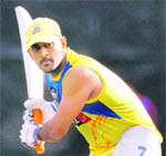 MS Dhoni bats in the nets in Chennai on Friday. 