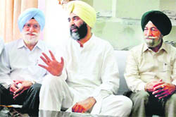 Manpreet Singh Badal addresses mediapersons in Anandpur Sahib on Saturday. 