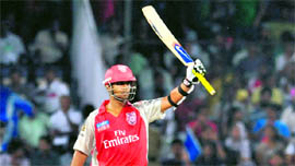Kings XI Punjab�s Paul Valthaty celebrates after completing his half-century in Hyderabad on Saturday.