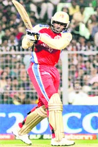 Royal Challengers� Chris Gayle plays a shot against Kolkata Knight Riders in Kolkata on Friday