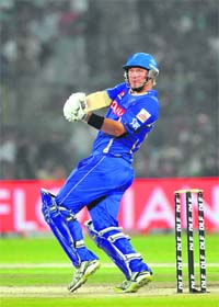 Shane Watson plays a shot against Kochi Tuskers Kerala at the Swai Man Singh Stadium in Jaipur, on Sunday