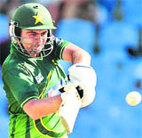 Ahmed Shehzad plays a shot against Windies.