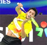 Sourabh Verma in action against Kenichi Tago at the India Open in New Delhi 