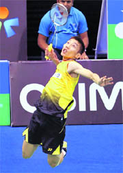 Lee Chong Wei plays a shot against Sourabh Verma in the quarter-final match in New Delhi on Friday.