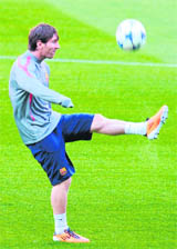 Lionel Messi during a training session at the Camp Nou stadium in Barcelona on Monday.