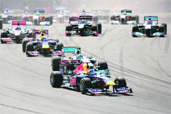 Red Bull driver Sebastian Vettel (C) leads at Istanbul Park during the Turkish Formula One Grand Prix on Sunday.