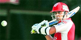 Kings XI Punjab�s Paul Valthaty plays a shot against Delhi Daredevils during their match in Dharamshala on Sunday.