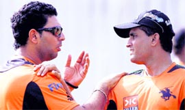 Pune Warriors� Yuvraj Singh and Sourav Ganguly during a practice session in Mumbai on Sunday.