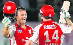 Kings XI Punjab skipper Adam Gilchrist (L) and Shaun Marsh were brilliant in their last win over the Royal Challengers Bangalore.