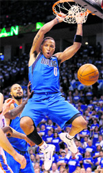 Shawn Marion #0 of Dallas Mavericks dunks the ball during Game Three of Western Conference Finals at Oklahoma City Arena on Saturday