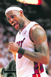 LeBron James of Miami Heat reacts against Chicago Bulls in Game Four of the Eastern Conference Finals during NBA Playoffs in Miami on Tuesday. 