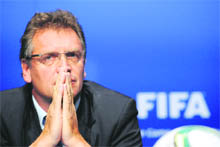 FIFA general secretary Jerome Valcke looks on during a press conference following hearings over bribery allegations at the football's world governing body FIFA Headquarters in Zurich on Sunday.