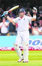 England�s Matt Prior celebrates his century against Sri Lanka on the 2nd day of the 2nd Test at Lord's on Saturday.