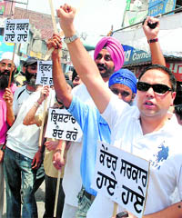 Supporters of SAD on a dharna against Congress Government's failure to bring back black money stashed in foreign banks, at Patiala on Tuesday